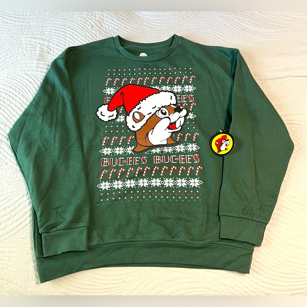 2024 Buc-ee's Green Ugly Christmas Sweatshirt LS Santa Cap Beaver Candy Cane NEW